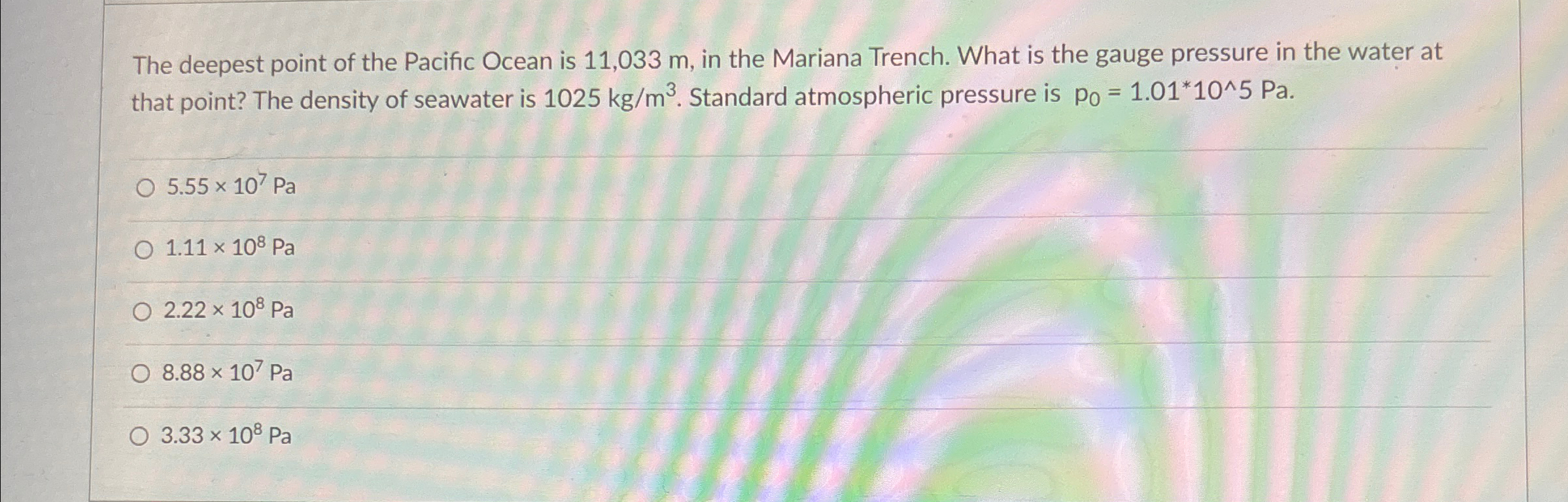 Solved The deepest point of the Pacific Ocean is 11,033m, | Chegg.com