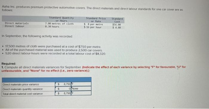 Solved Aaha inc produces premium protective automotive | Chegg.com