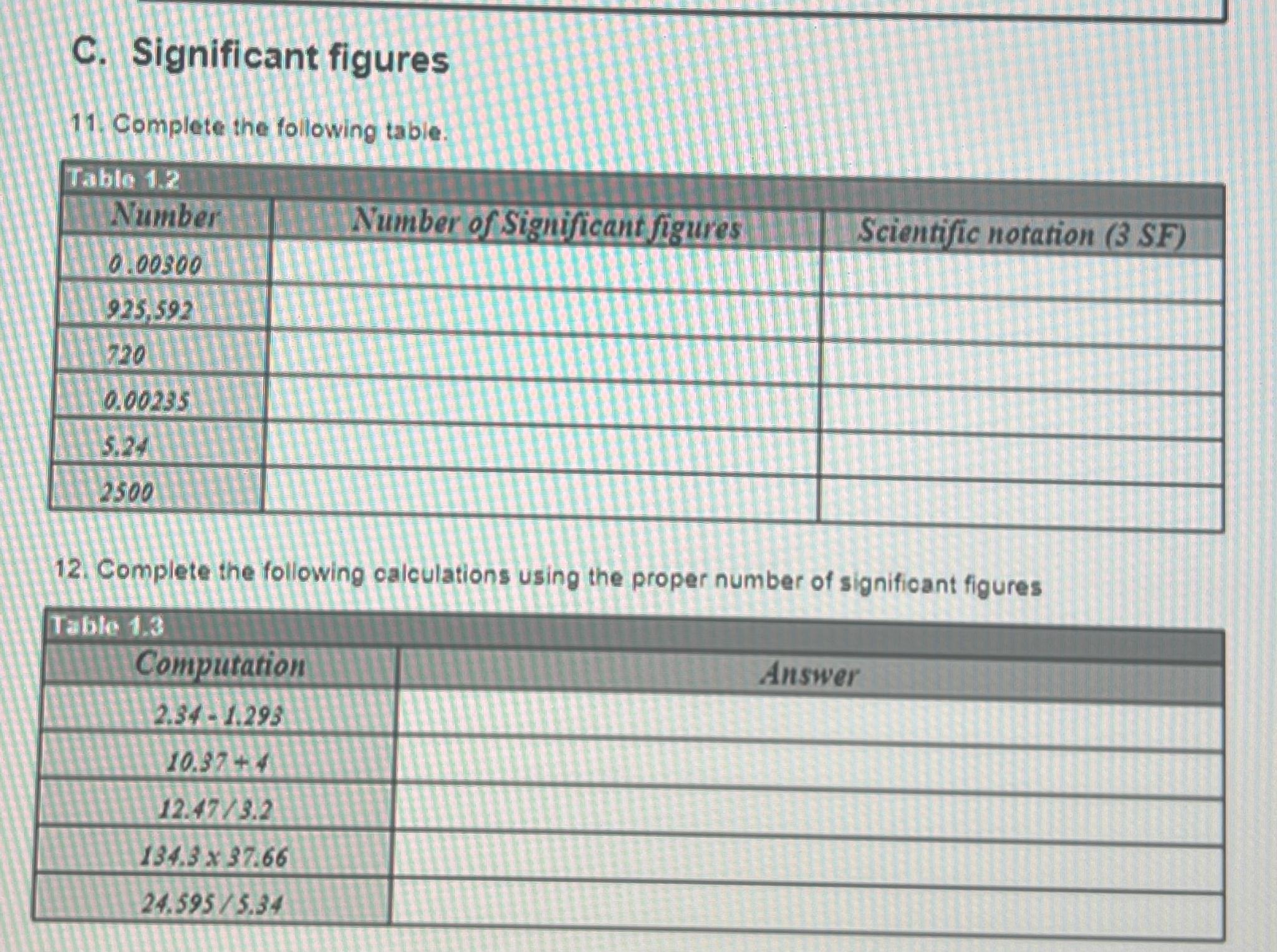 Solved C. ﻿Significant figures11. ﻿Complete the following | Chegg.com