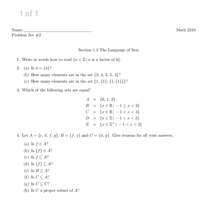 Solved 1 Of 1 Math 2310 Name Problem Set 2 Section 1 2 Chegg Com