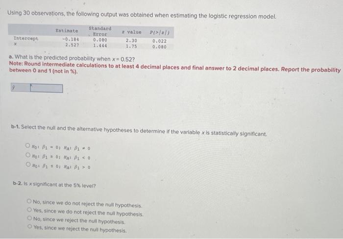 Solved Using 30 observations, the following output was | Chegg.com