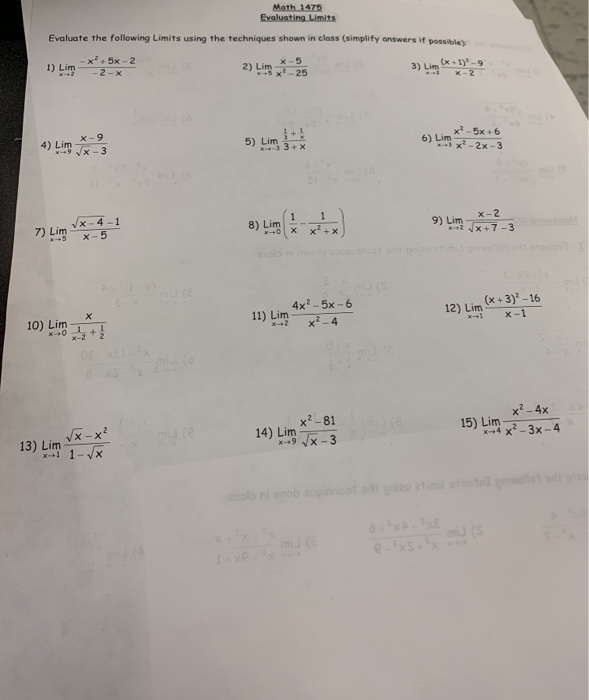 Solved Math 1475 Evaluating Limits Evaluate the following | Chegg.com