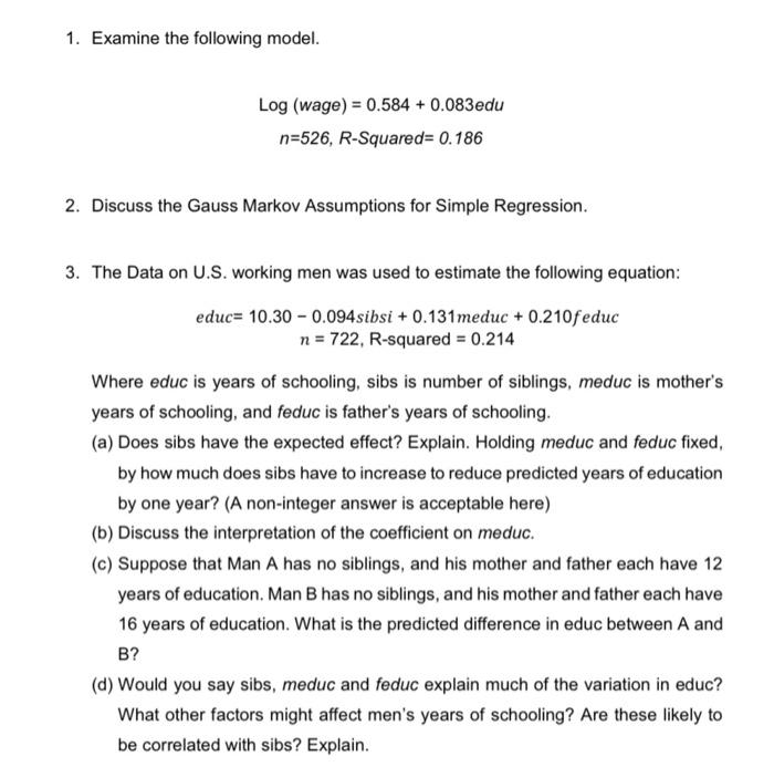 Solved 1. Examine the following model. log( wage | Chegg.com