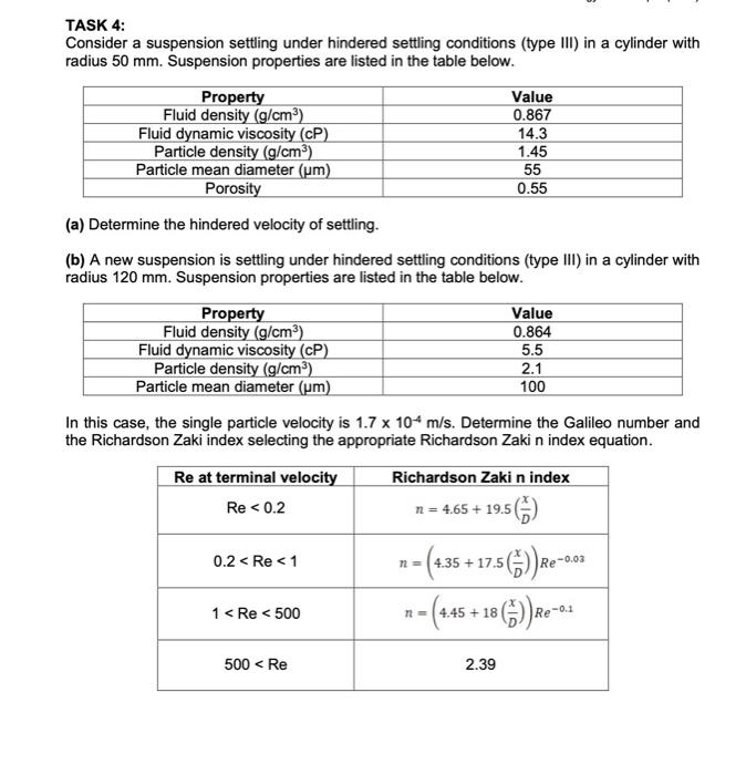 Solved TASK 4: Consider a suspension settling under hindered | Chegg.com