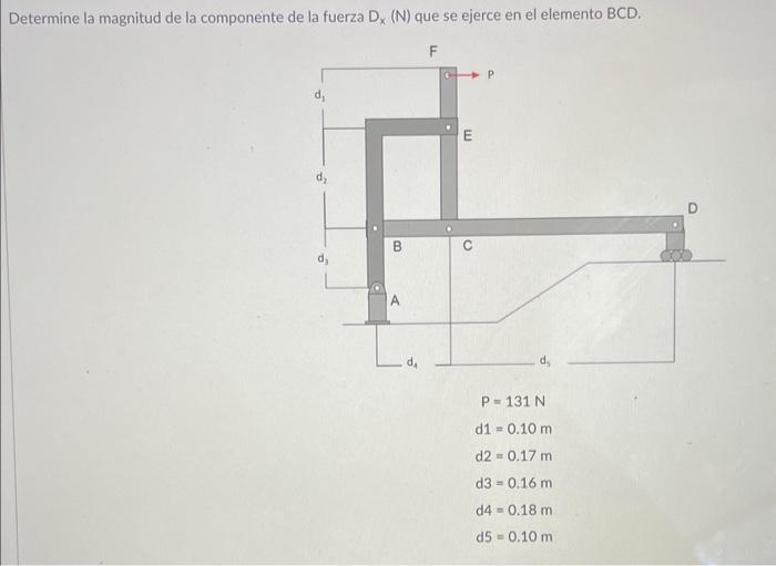 Determine la magnitud de la componente de la fuerza \( D_{x}(N) \) que se ejerce en el elemento \( B C D \).