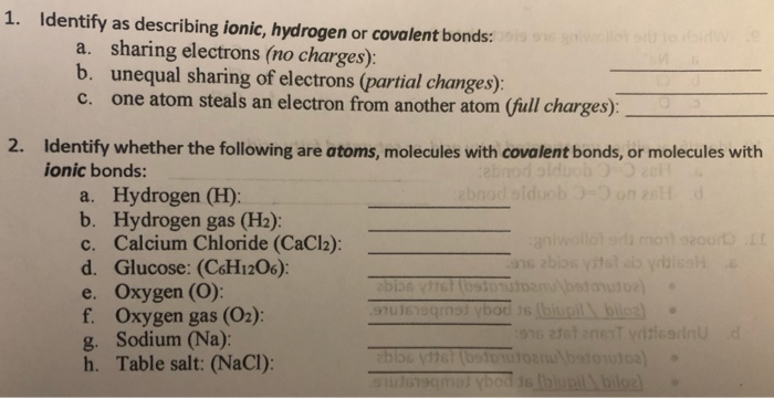 Solved 1. Identify as describing ionic, hydrogen or covalent | Chegg.com