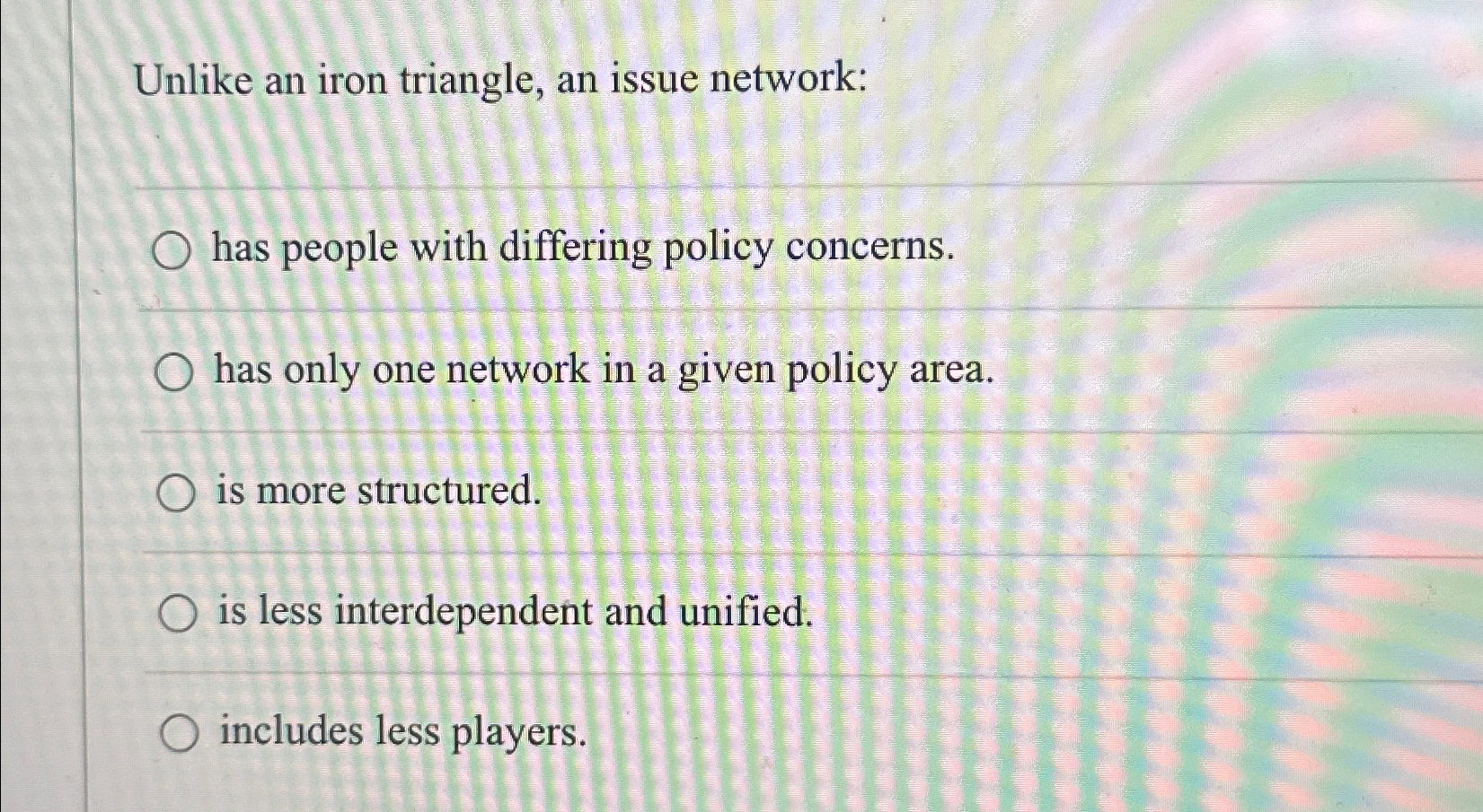 Solved Unlike an iron triangle, an issue network:has people | Chegg.com