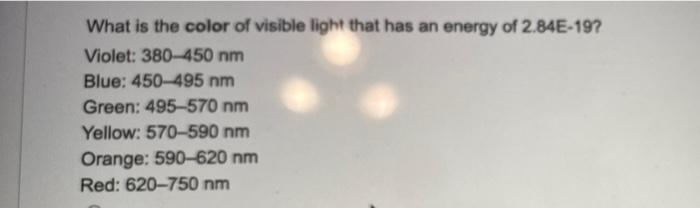 Solved What is the color of visible light that has an energy | Chegg.com
