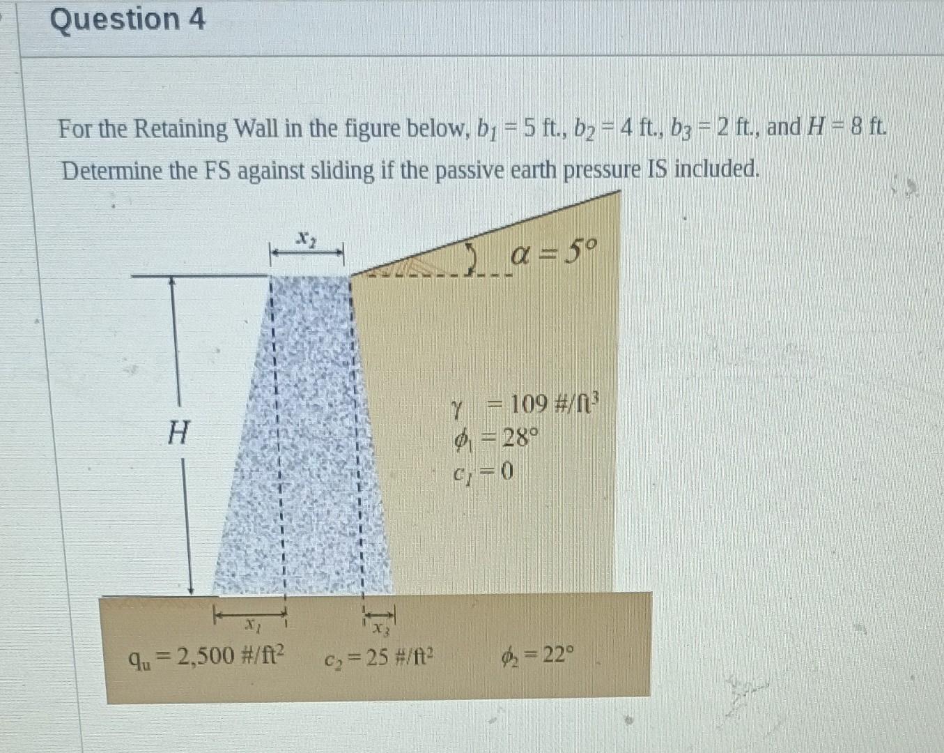 Solved For the Retaining Wall in the figure below, b1=5ft., | Chegg.com