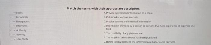 Books Periodicals Newspapers Interviews Authority Recency Objectivity Match the terms with their appropriate descriptors A Pr