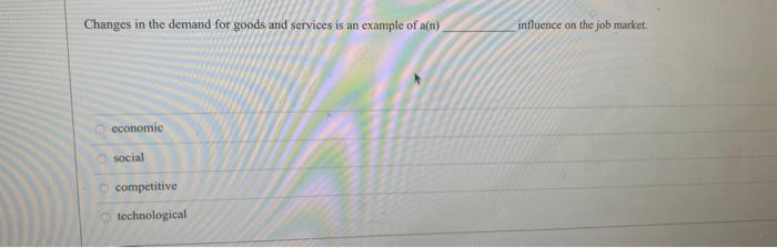 Changes in the demand for goods and services is an example of a(n)
0000
economic
social
competitive
technological
influence o