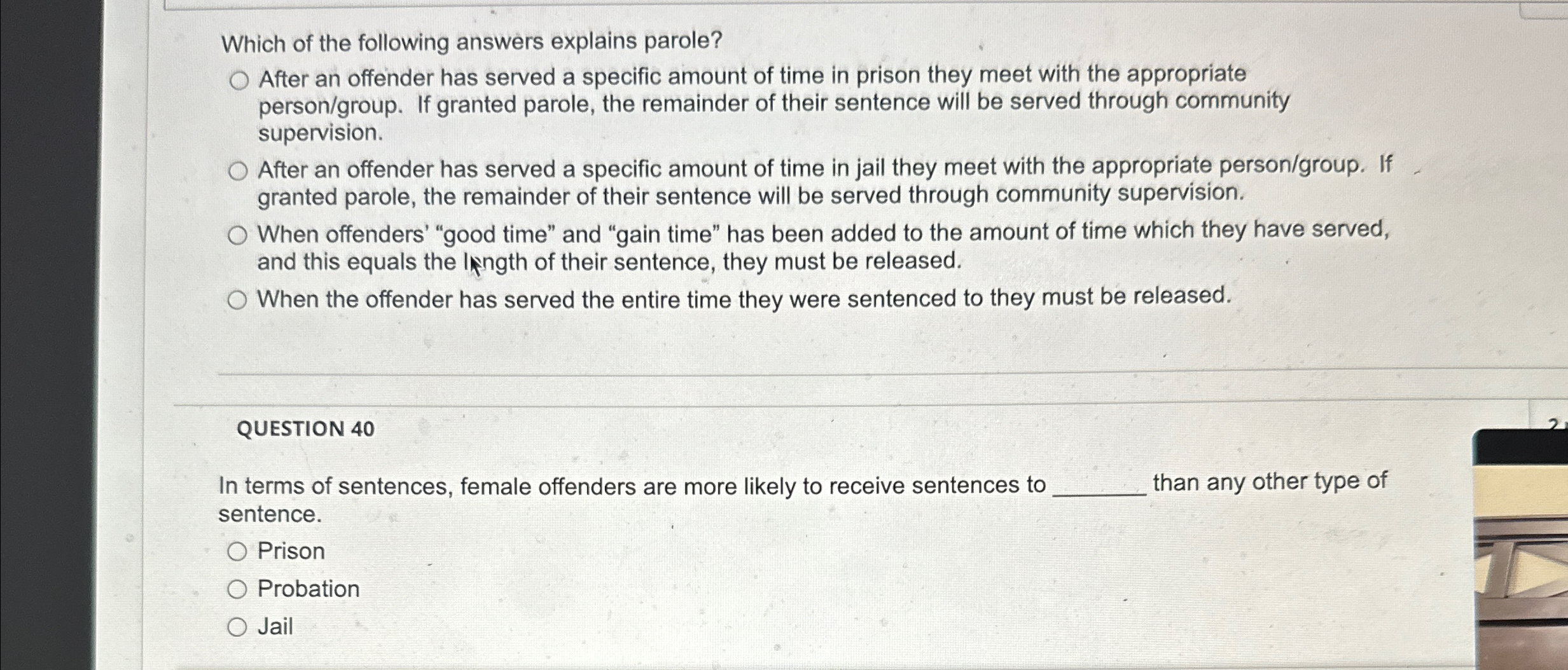 Solved Which of the following answers explains parole?After | Chegg.com