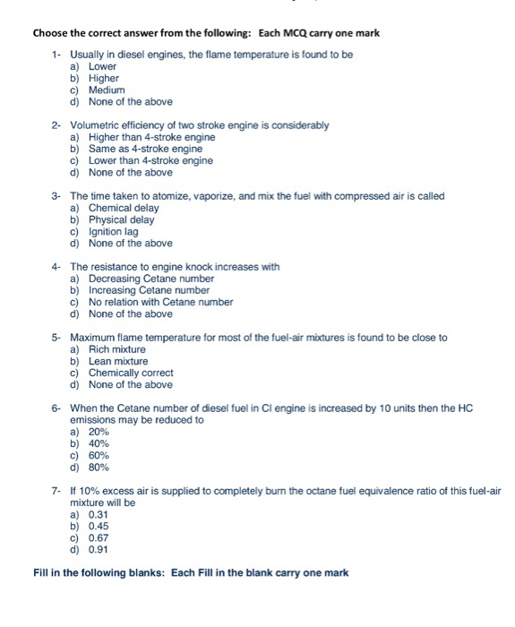 Automobile Engine MCQ Questions & Answers