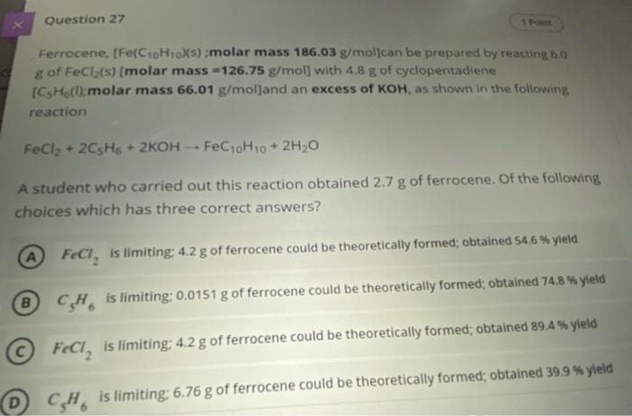 Solved Question 27 Ferrocene Fec10h10xs Molar Mass 4470