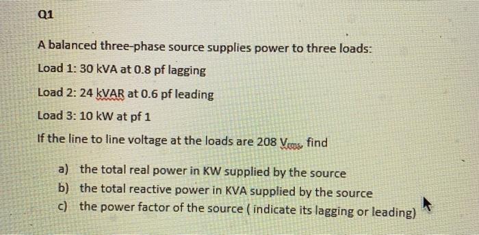 Solved Q1 A balanced three-phase source supplies power to | Chegg.com