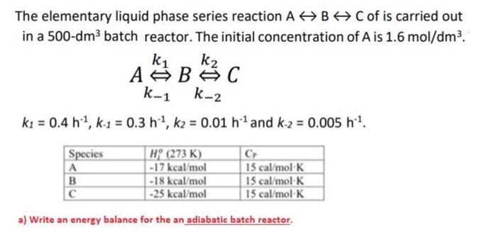 Solved The elementary liquid phase series reaction A↔B↔C of | Chegg.com