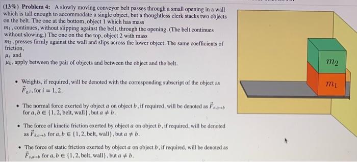 (13\%) Problem 4: A slowly moving conveyor belt passes through a small opening in a wall which is tall enough to accommodate