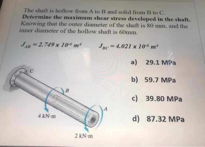 Solved The Shaft Is Hollow From A To B And Solid From B To | Chegg.com