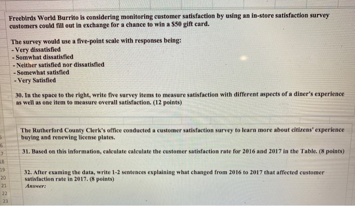 Freebirds World Burrito is considering monitoring customer satisfaction by using an in-store satisfaction survey customers co