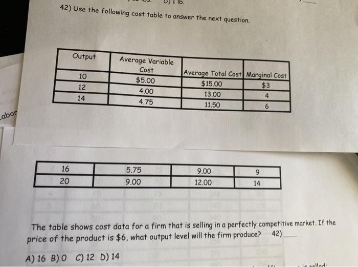 Solved 42) Use the following cost table to answer the next | Chegg.com