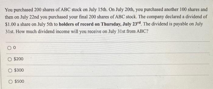 Solved You purchased 200 shares of ABC stock on July 15 th. | Chegg.com
