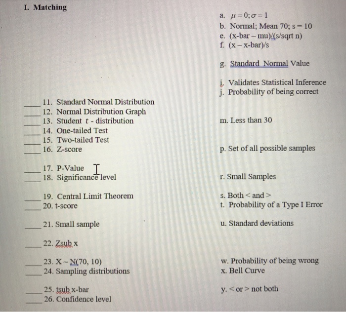 Solved I Matching A U 0 0 1 B Normal Mean 70 S Chegg Com