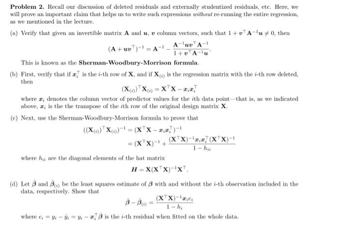 Problem 2. Recall our discussion of deleted residuals | Chegg.com