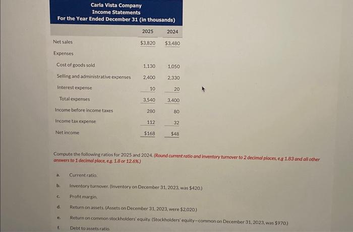 Compute the following ratios for 2025 and 2024. (Round current ratio and inventory turnover to 2 decimal ploces, es 2.83 and