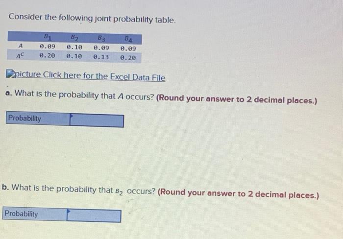 Consider the following joint probability table.
Dicture Click here for the Excel Data File
a. What is the probability that \(