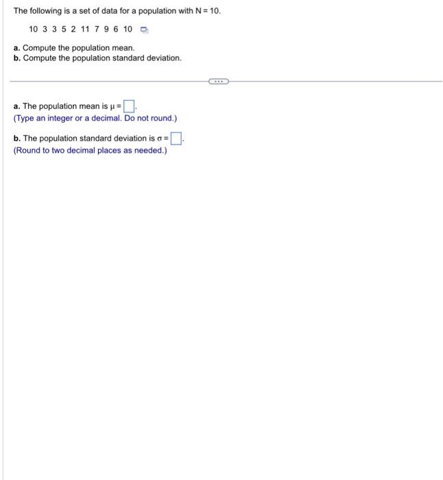 Solved The following is a set of data for a population with | Chegg.com