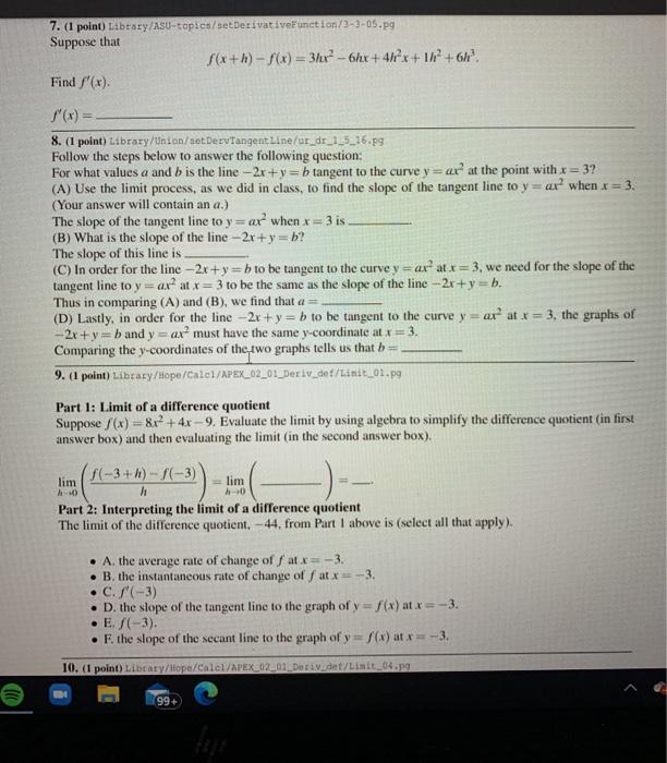 Solved 7 1 Point Library Asu Topics Setderivativefunct Chegg Com