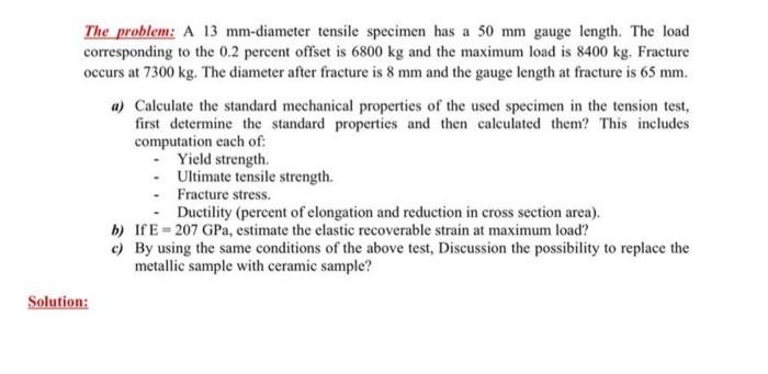 Solved The problem: A 13 mm-diameter tensile specimen has a | Chegg.com