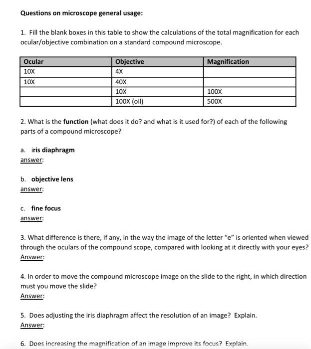 Solved Questions on microscope general usage 1. Fill the