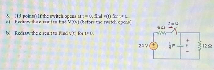 Solved 8. (15 points) If the switch opens at t = 0, find | Chegg.com