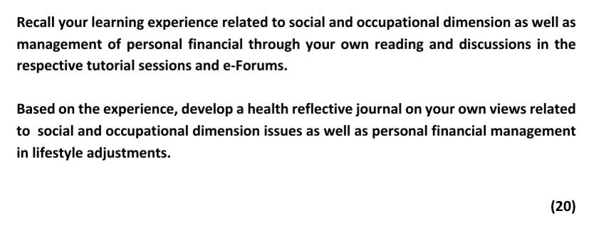 Recall your learning experience related to social and occupational dimension as well as management of personal financial thro