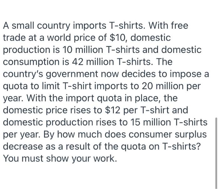 Solved A small country imports T-shirts. With free trade at | Chegg.com