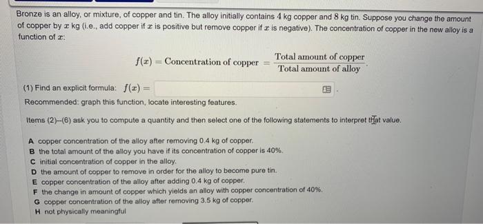 Solved Bronze is an alloy, or mixture, of copper and tin. | Chegg.com