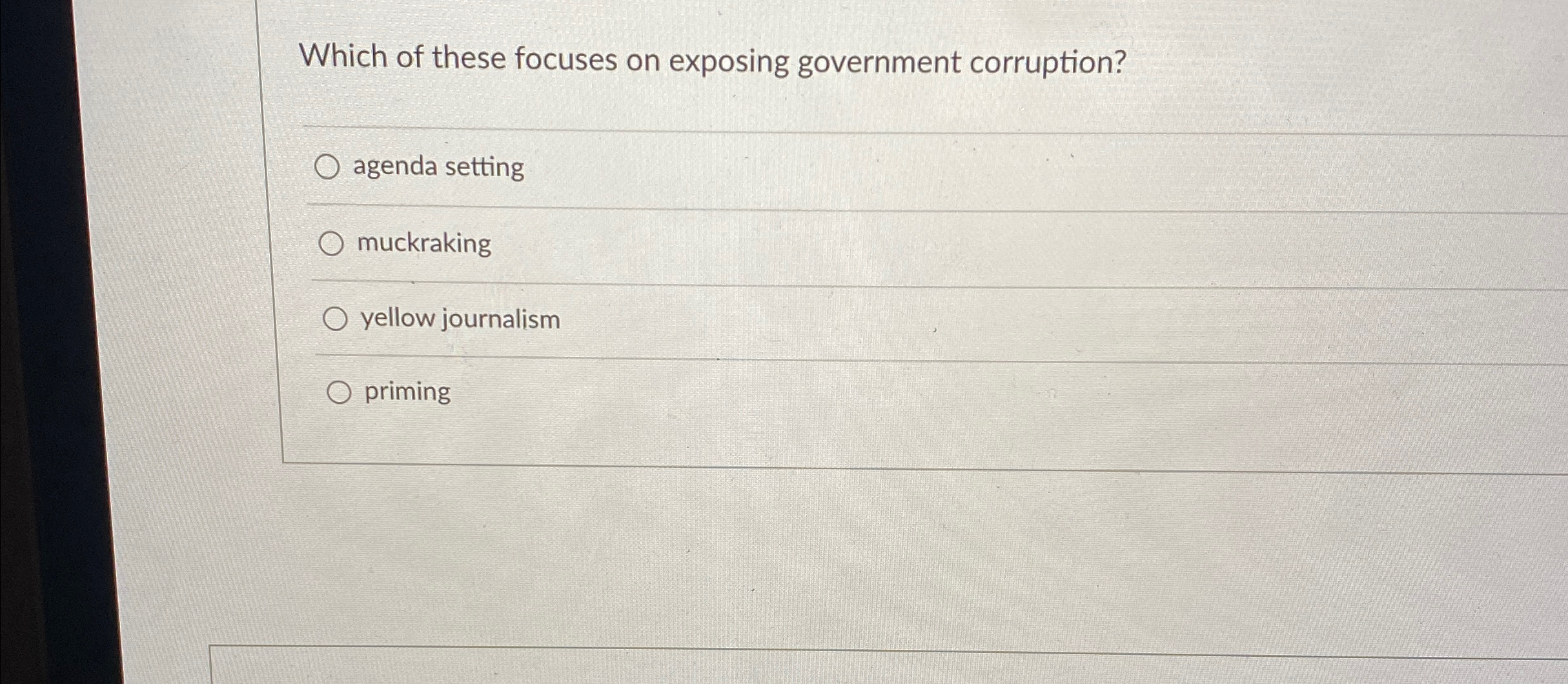 Solved Which of these focuses on exposing government | Chegg.com