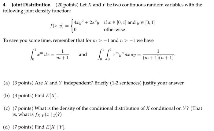 Solved 4. Joint Distribution ( 20 points) Let X and Y be two | Chegg.com
