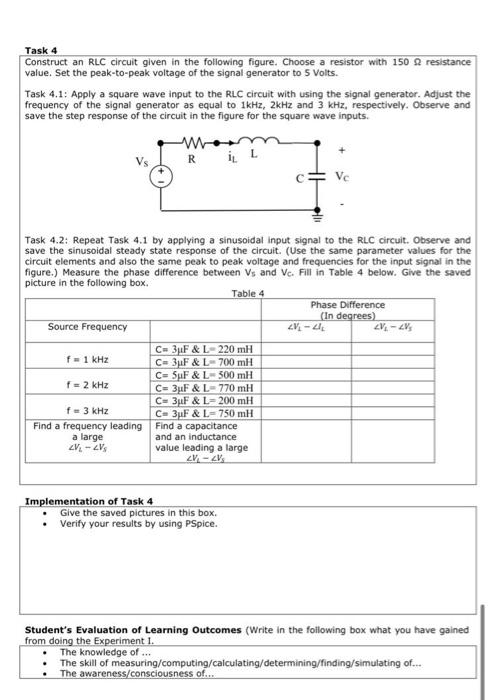 Solved Task 4 Construct an RLC circuit given in the | Chegg.com
