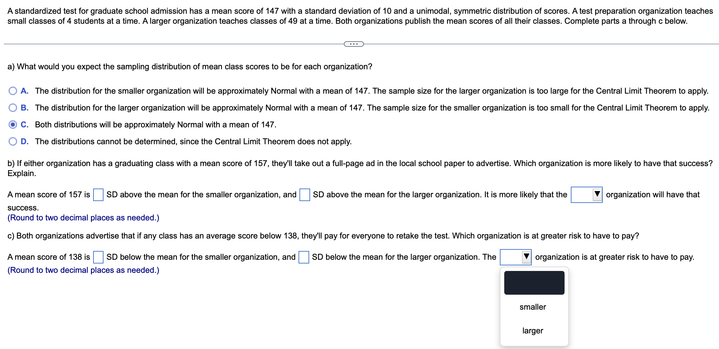 Solved A standardized test for graduate school admission has | Chegg.com