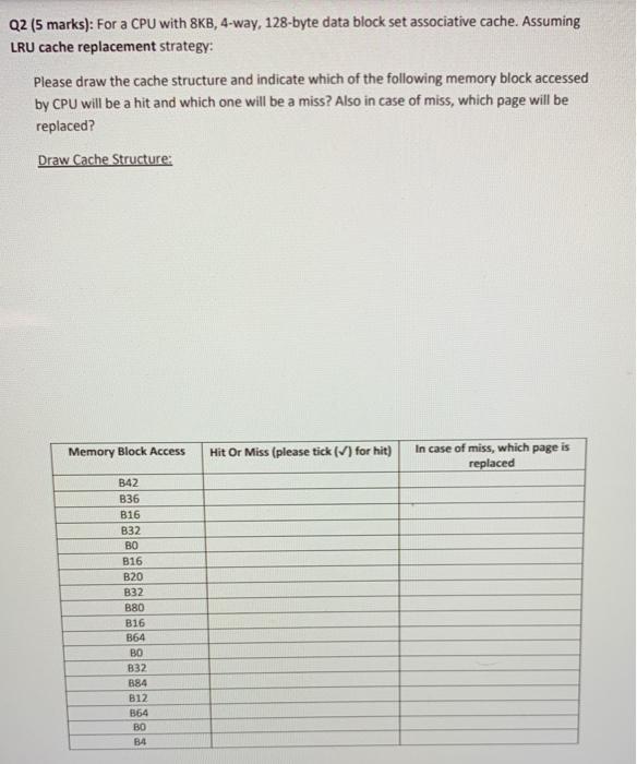 Solved Q2 5 Marks For A Cpu With 8kb 4 Way 128 Byte Chegg Com