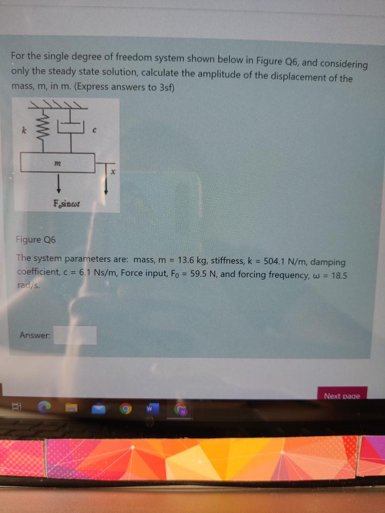Solved For the single degree of freedom system shown below | Chegg.com