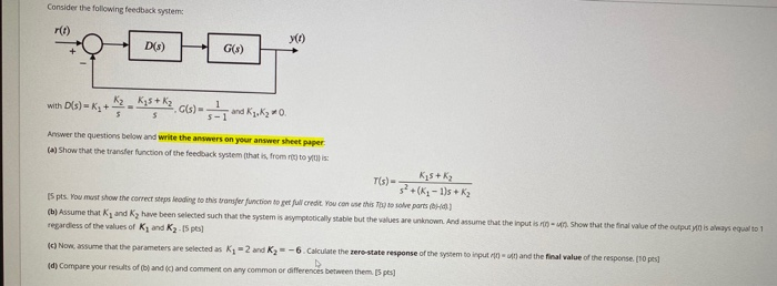 Solved Consider the following feedback system r(t) y (1) D() | Chegg.com