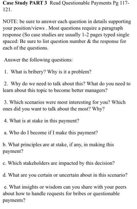 Solved Case Study PART 3 Read Questionable Payments Pg 117- | Chegg.com