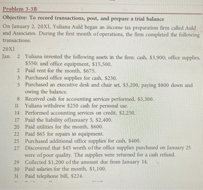 Solved Problem 3-3B Objective: To record transactions, post, | Chegg.com