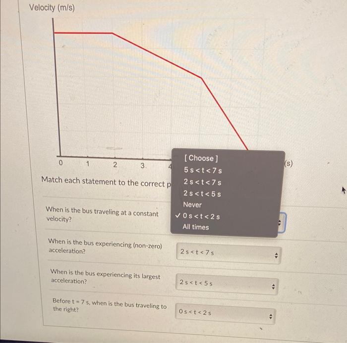 Velocity \( (\mathrm{m} / \mathrm{s}) \)
(s)
Match each statement to the correct When is the bus traveling at a constant velo