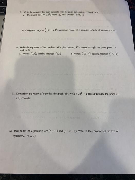 Solved Hand 9 Write The Equation For Each Parabola With Chegg Com