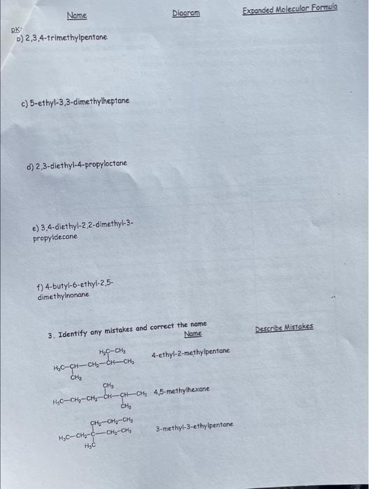 Expended Molecular Formula
DKT
D) 2,3,4-trimethylpentone
c) 5-ethyl-3,3-dimethylheptane
d) 2,3-diethyl-4-propyloctane
e) 3,4-