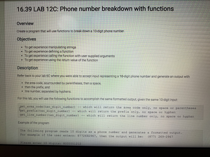Solved 16.39 LAB 12C Phone number breakdown with functions